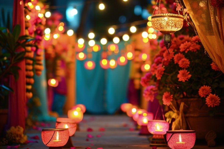 Colorful wedding venue decorated with flowers, hanging lights, and glowing candles